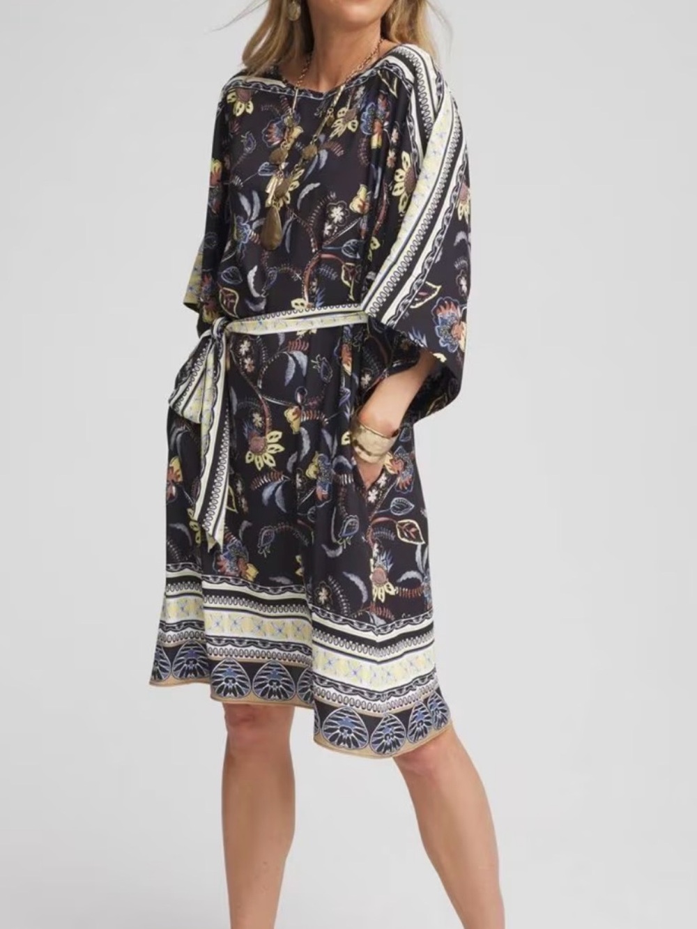Chico's Georgette Boatneck Kaftan Black Floral Artsy Dress